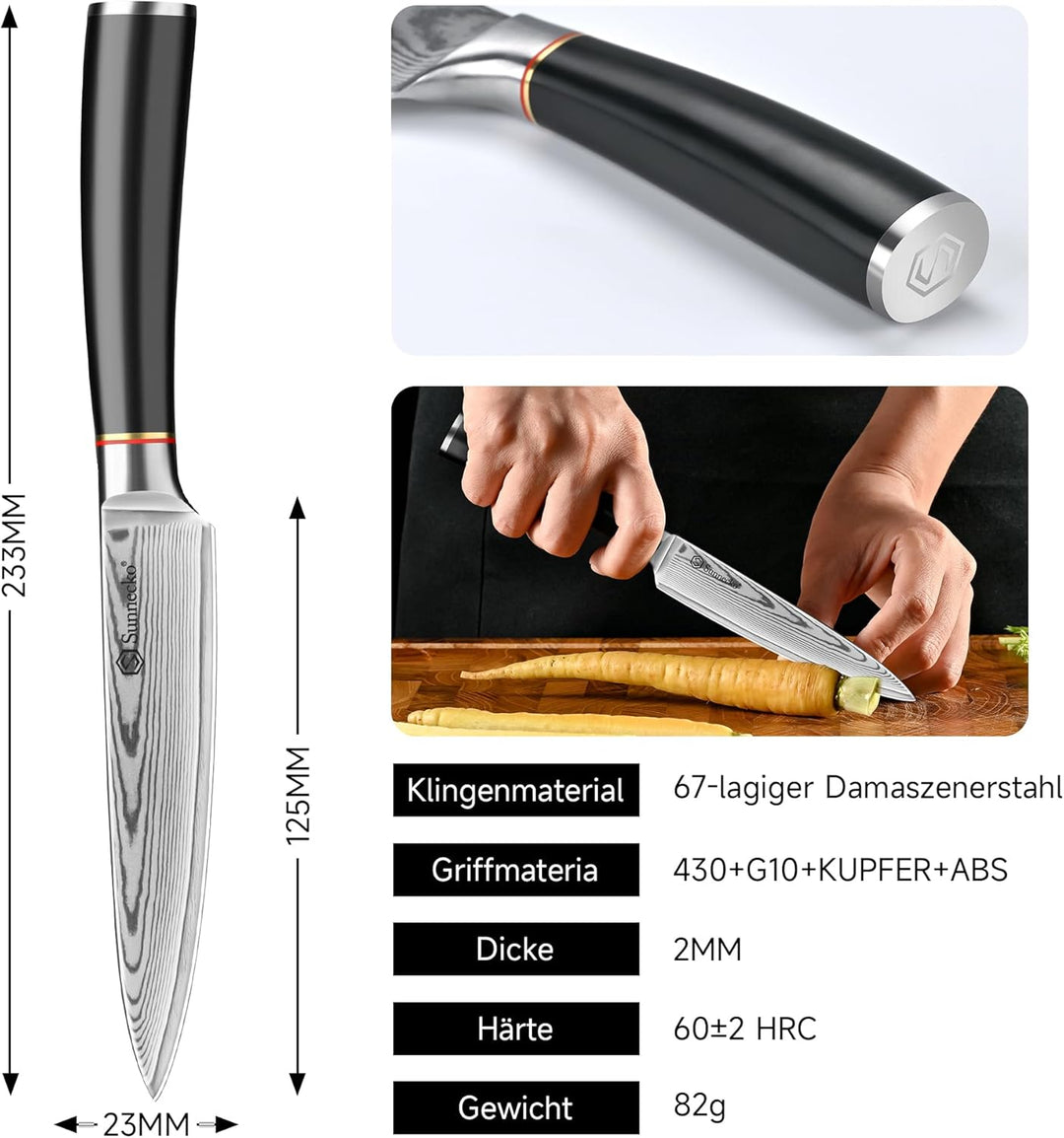 Sunnecko Damast Allzweckmesser 13CM – Rostfrei Damastmesser, klein Kochmesser für Fleisch & Gemüse,