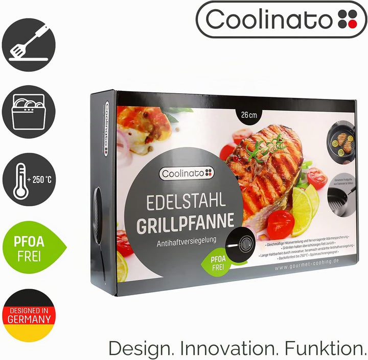 Coolinato Grillpfanne rund 26cm, Pfanne beschichtet für Induktion und andere Herde, Steakpfanne ofen