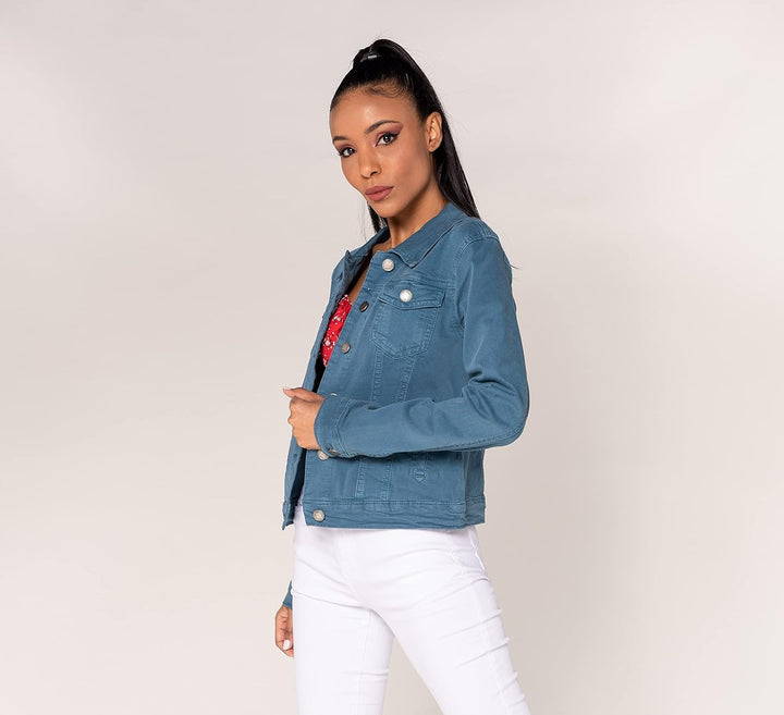 Nina Carter J212 Damen Slim-Fit Jeansjacke – Farbige Übergangsjacke mit Kent-Kragen und Taschen – Fr