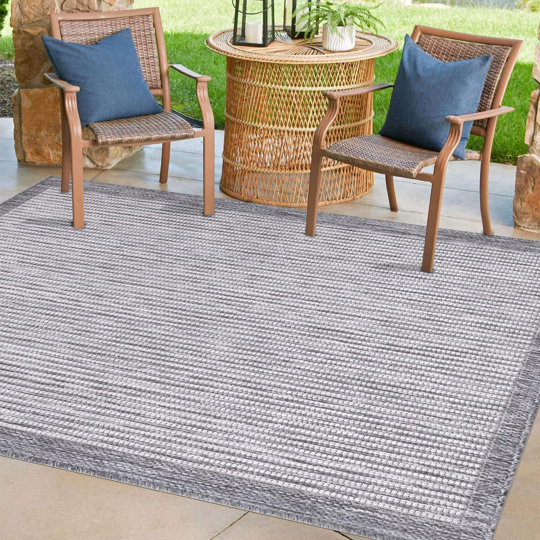 payé Outdoor Teppich Wetterfest - 200x290cm - Grau Weiss - Bordüre - Teppiche für Terrasse Balkon Ga