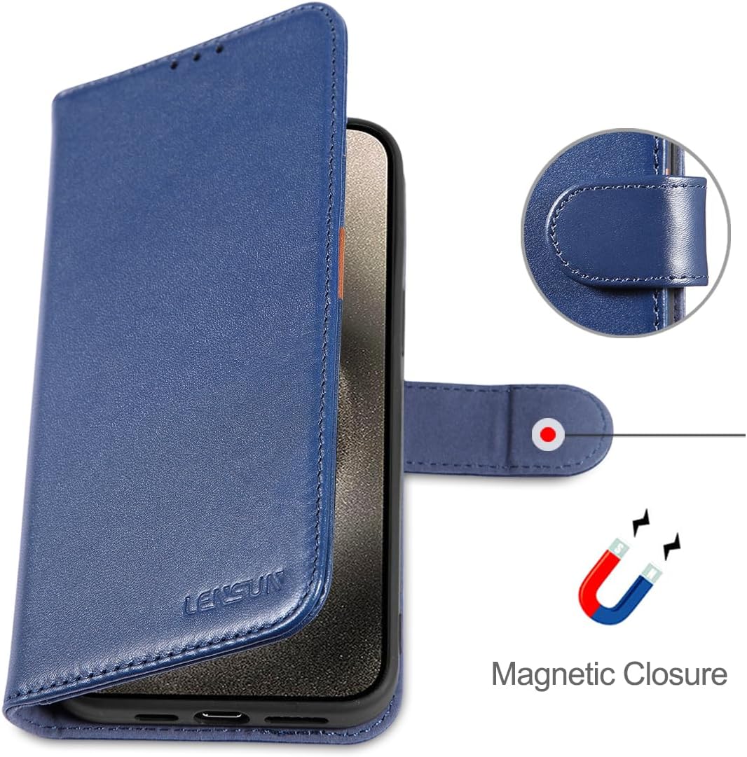 LENSUN Echt Lederhülle für iPhone 15 Pro Max, Handyhülle [Magnetverschluss][RFID Bloker] Handytasche