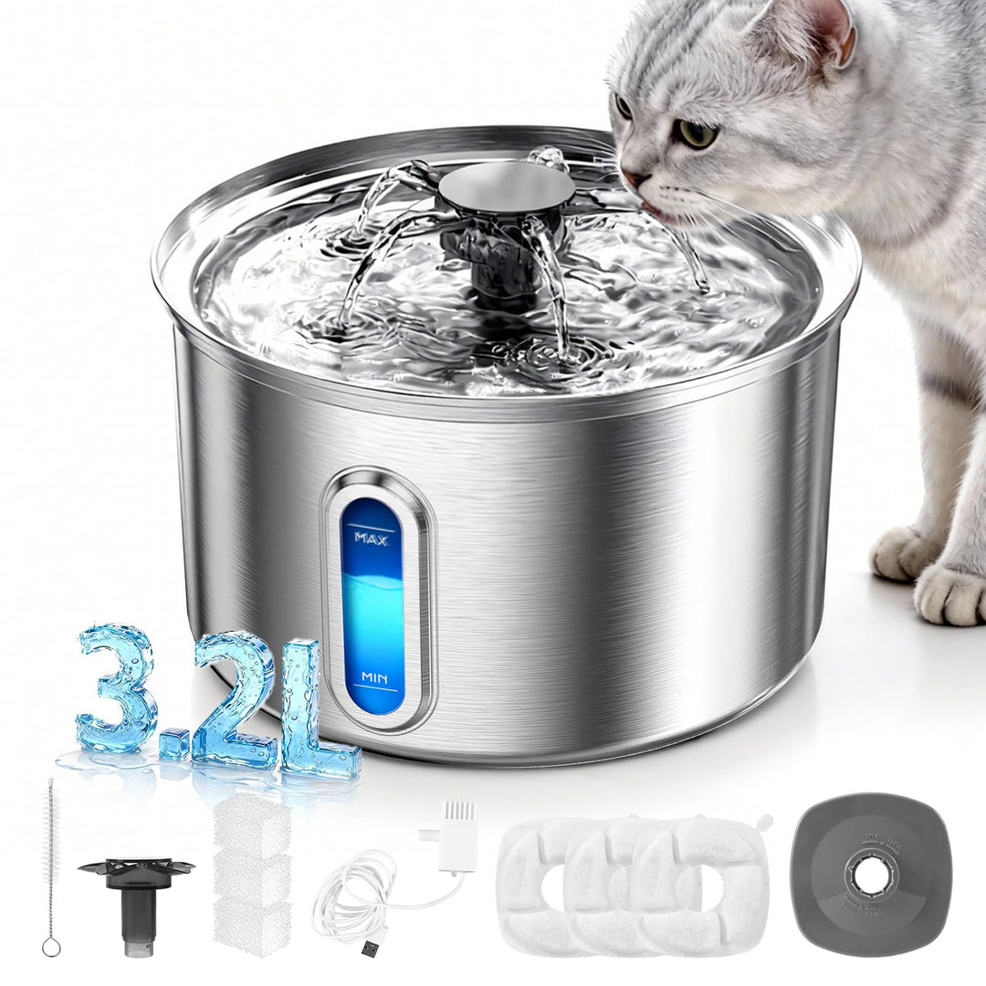 Katzenbrunnen Edelstahl 3,2L/112oz Trinkbrunnen für Katze mit Wasserbrunnen, Vierfach-Filtersystem,