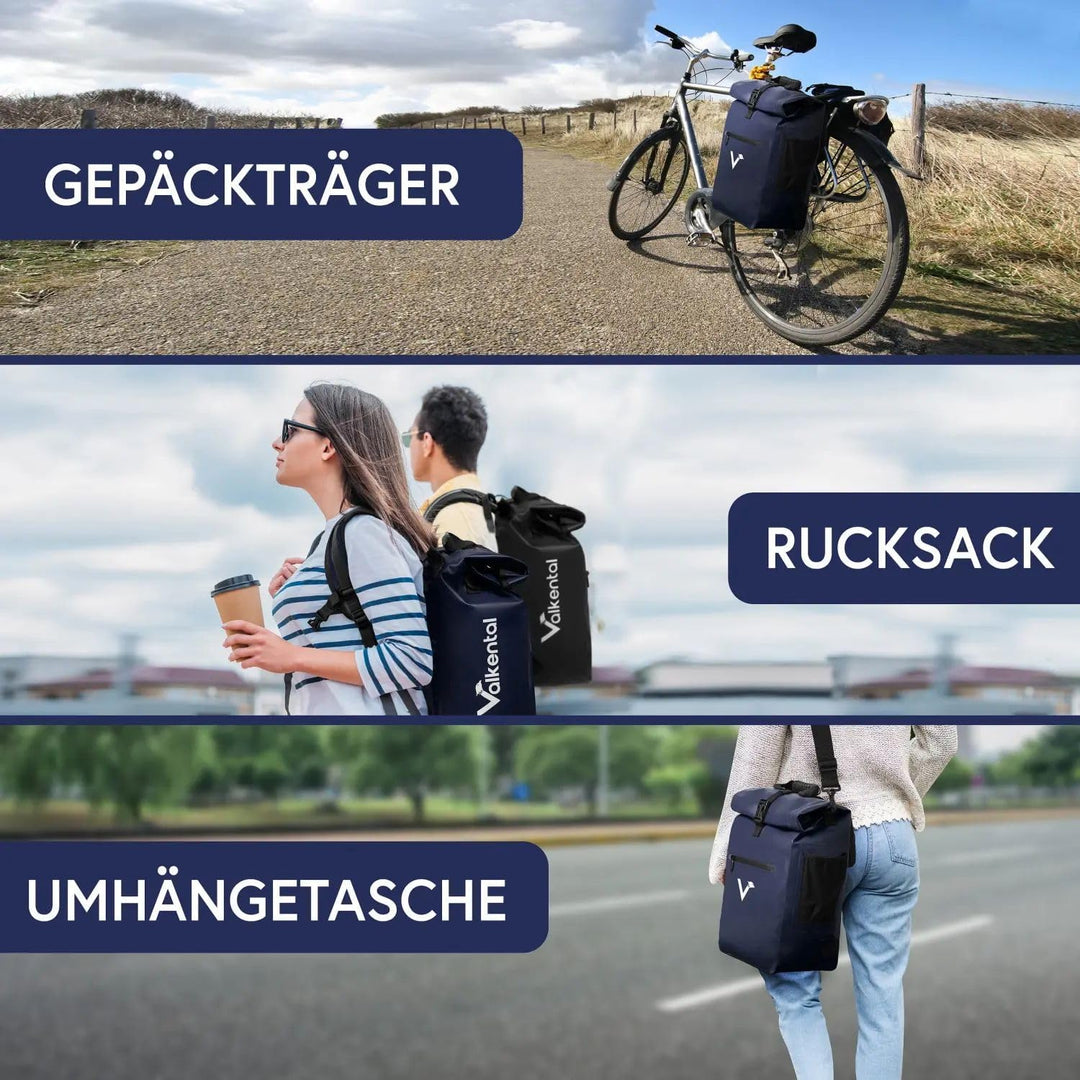 Valkental® 3in1 Fahrradtasche [Bis 25L] - Das Original - Geeignet als Gepäckträgertasche, Rucksack u