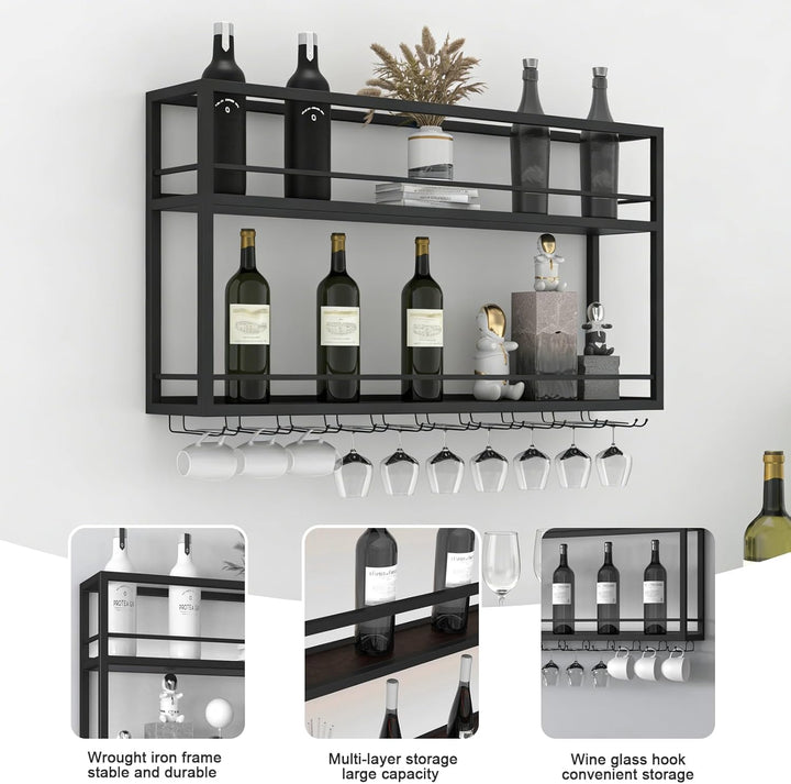 industriell wandmontierte Weinregal mit Glashalter, Schwarz Metallflaschenhalter Multi funktionaler