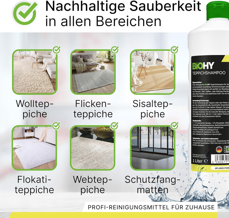 BiOHY Teppichshampoo (9 x 1 Liter) | Teppichreiniger Konzentrat | ideal gegen hartnäckige Flecken |