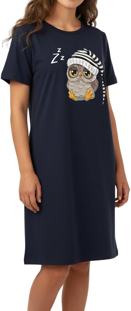 In One Clothing Mädchen Nachthemd mit kurzem Arm aus 100% Bauwollle 176 Eule Schlafmuetze, 176 Eule