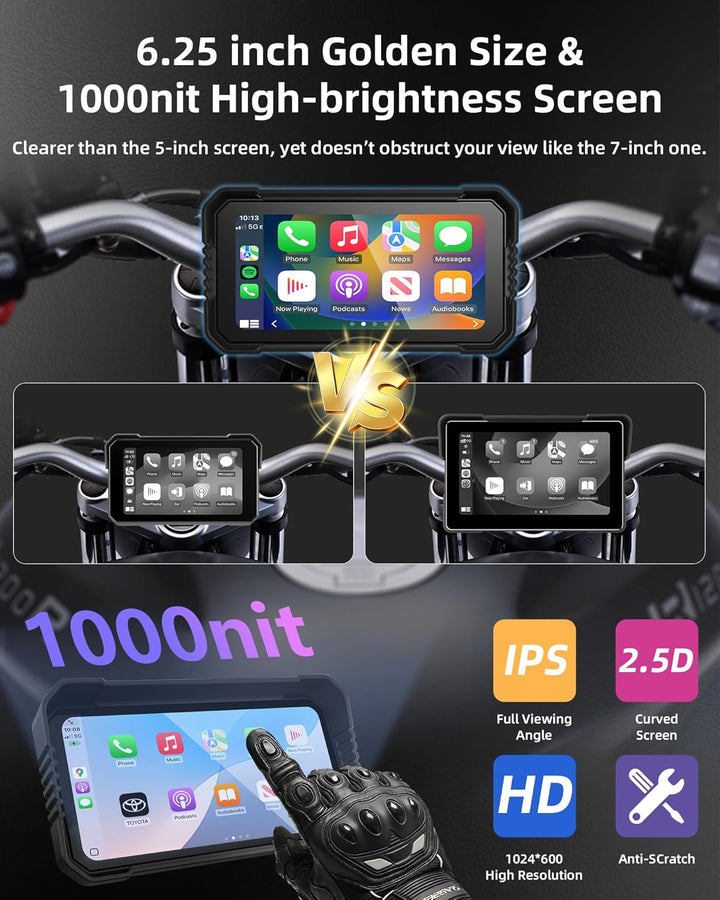 Jansite 6,25 Zoll Motorrad Carplay Display mit TPMS, Motorrad Navigationsgeräte Android Auto IP67 Wa