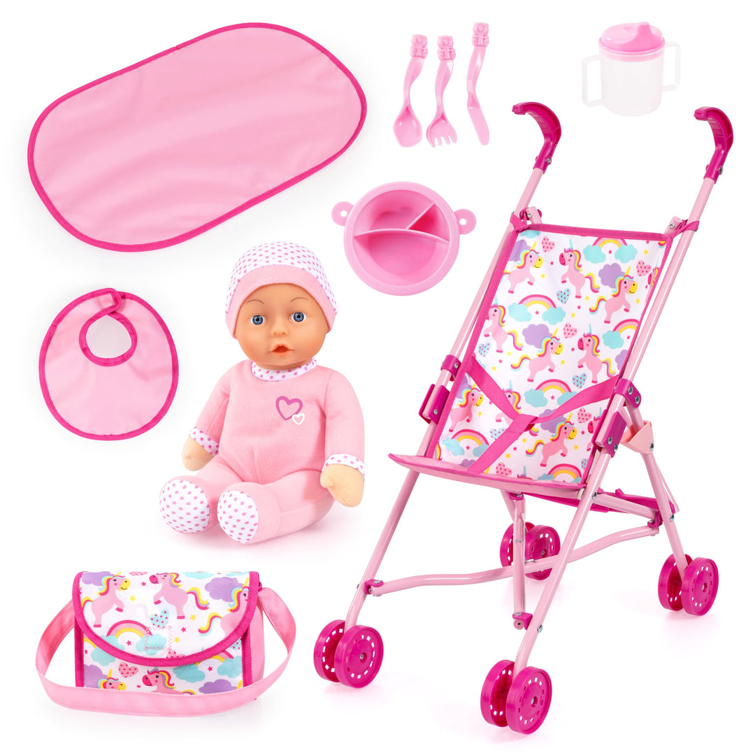 Bayer Design 30585AB Faltbarer Puppenbuggy, Doppelräder, mit weicher Babypuppe, Tasche, Zubehör, Ros