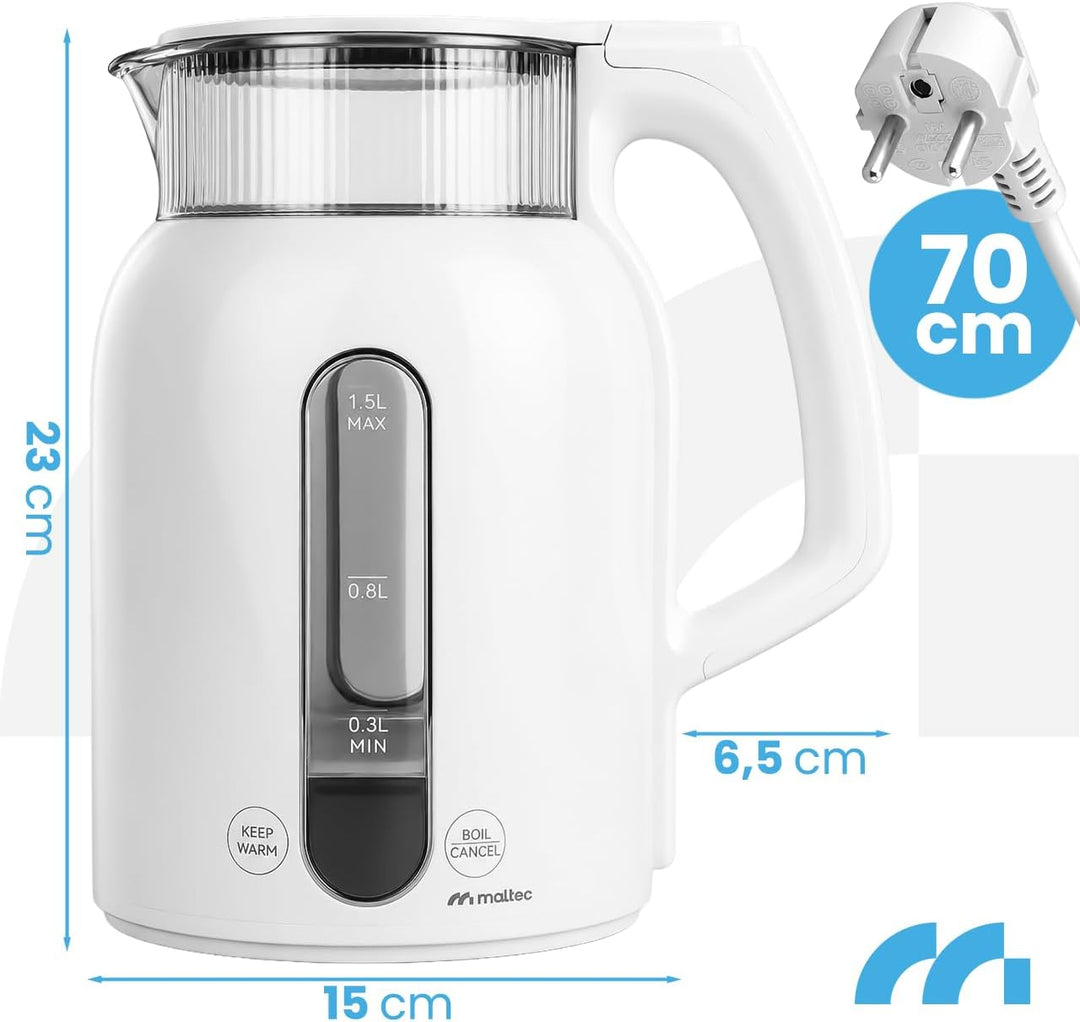 MalTec Glas Wasserkocher 1,5L mit Temperaturwahl und LED