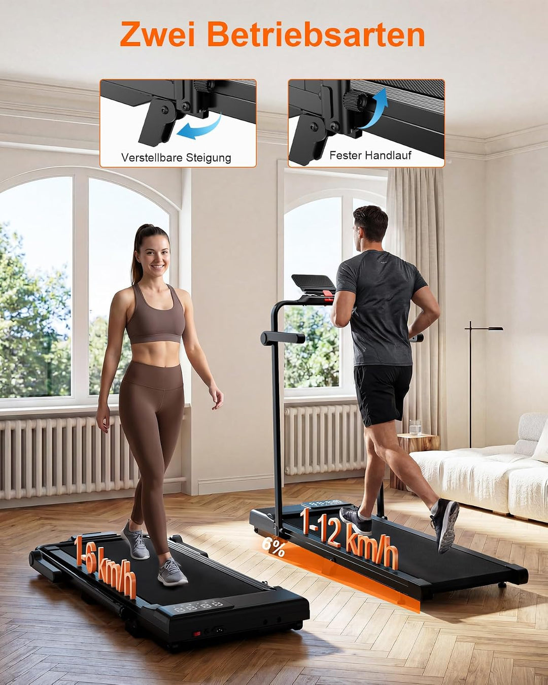 MJWW Walking Pad mit Steigung 6%, Laufband für Zuhause &amp; Büro 136 KG mit Smart App 6 km/h &amp; 12 km/h,