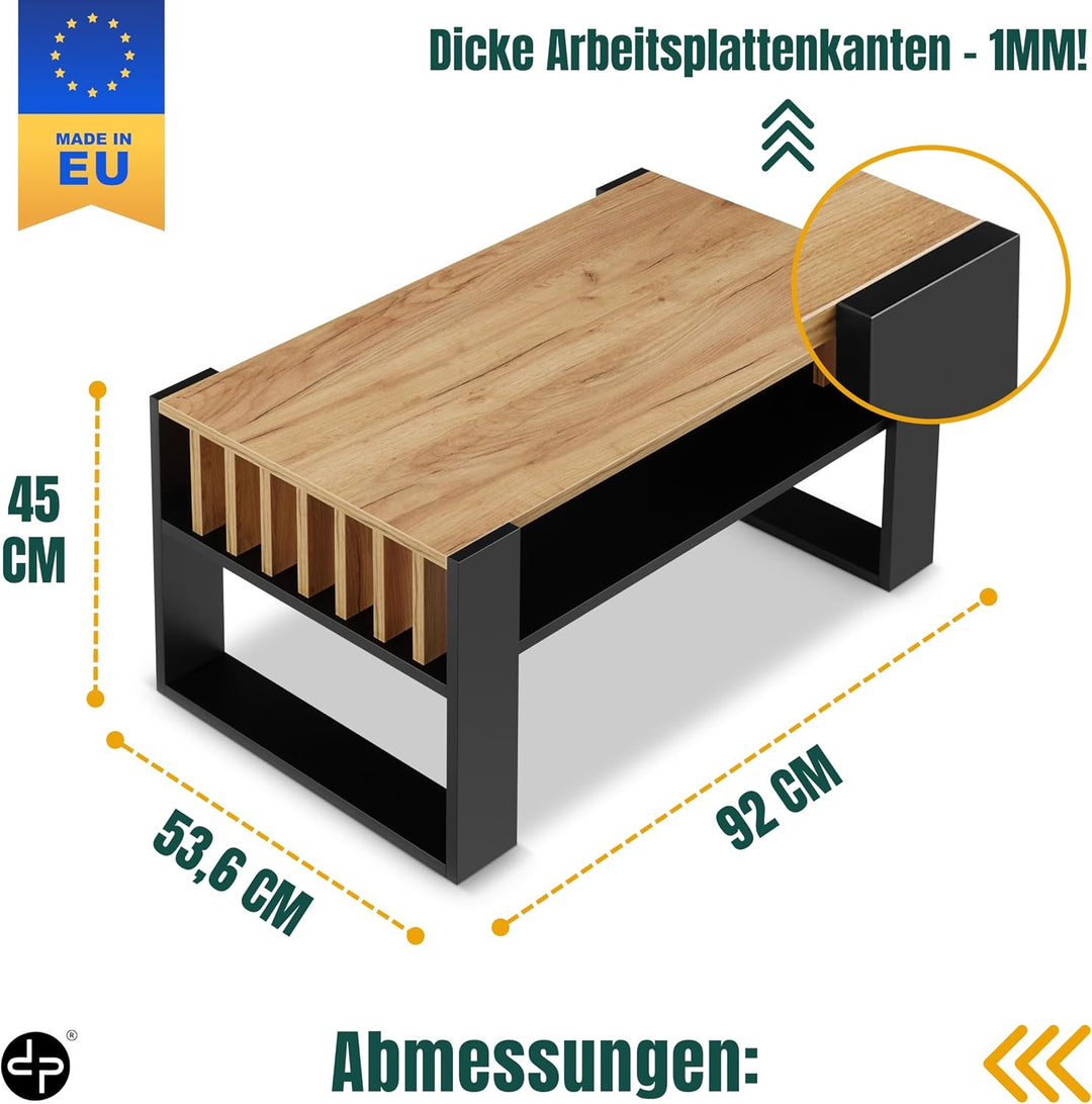 defiPad Couchtisch Eiche Schwarz im Lamellendesign mit Stauraum, 92x50 cm Schwarz + Eiche, Schwarz +