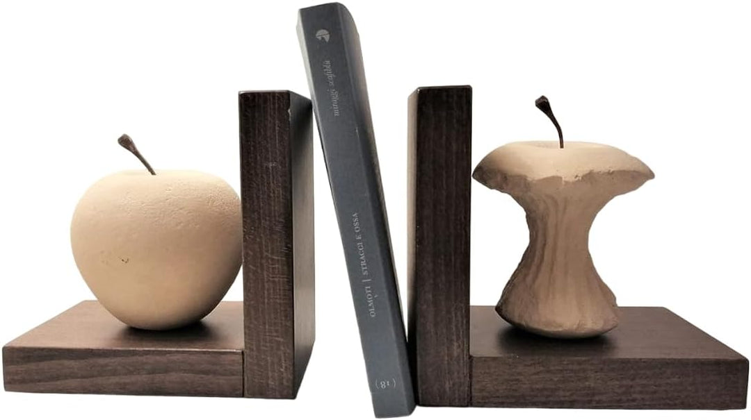 Progetto Arte. Paar Buchstützen Apfel/Apfel gegessen, Steinskulptur auf Holzbasis, handgefertigt. Ha