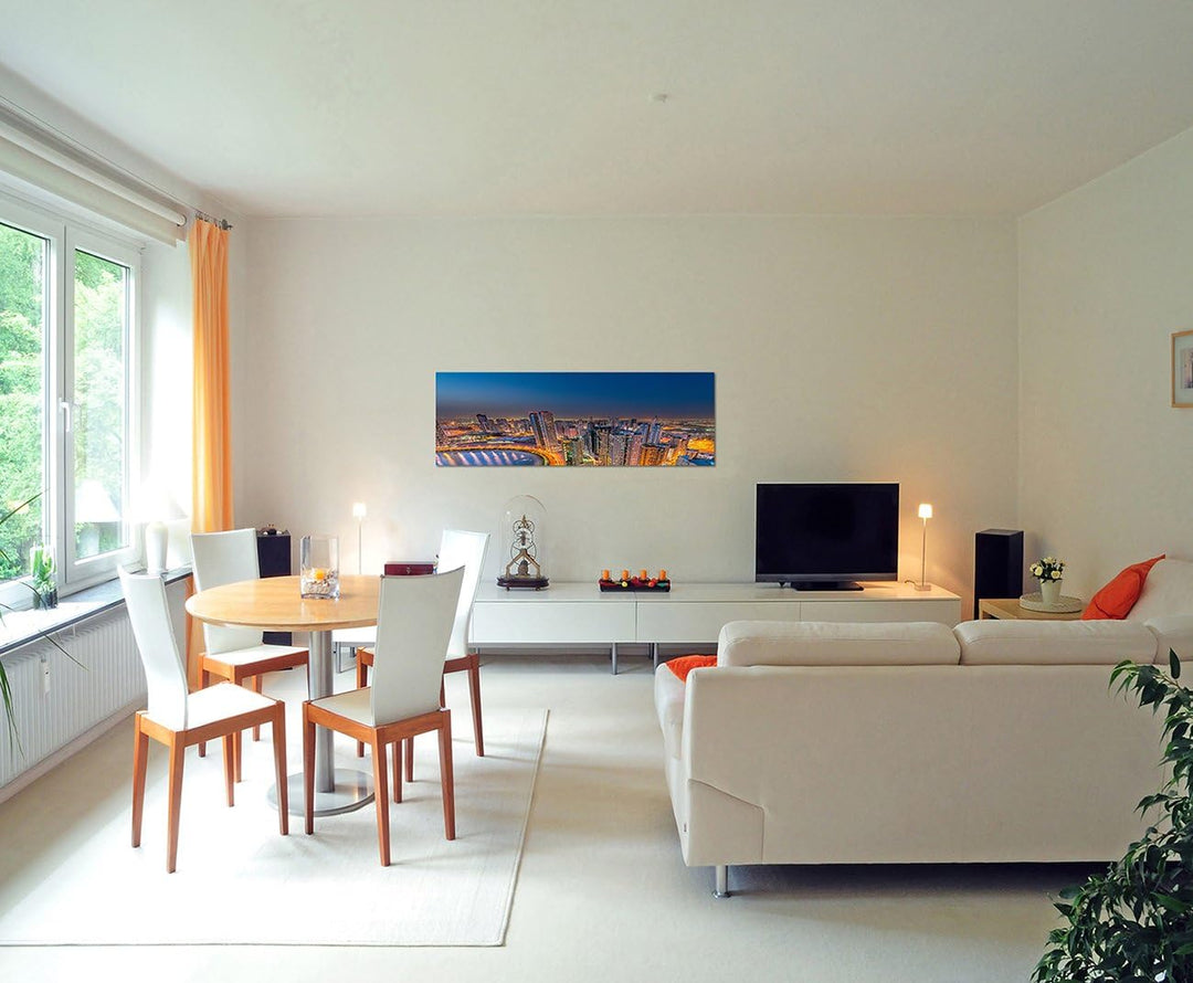 Paul Sinus Art Panoramabild auf Leinwand und Keilrahmen 150x50cm Stadt Skyline Strasse Lichtspuren W