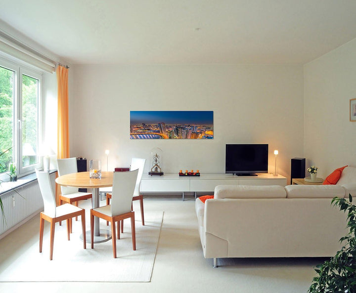 Paul Sinus Art Panoramabild auf Leinwand und Keilrahmen 150x50cm Stadt Skyline Strasse Lichtspuren W