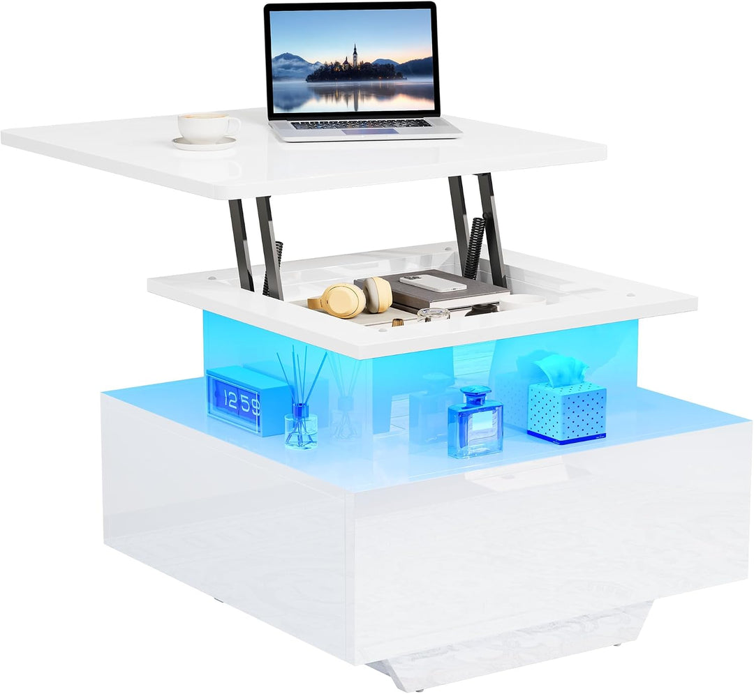 YITAHOME Couchtisch Höhenverstellbar mit LED Beleuchtung Modern, 60x60x45cm, Wohnzimmertisch Hochgla