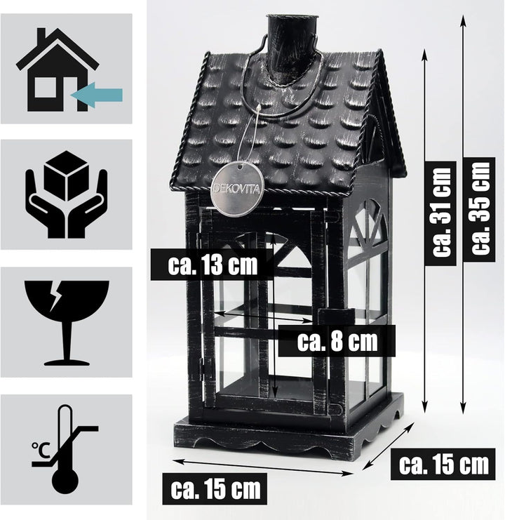 Dekovita 35cm Metall-Laterne Lichthaus - Gartenlaterne mit Glas-Scheiben - Windlicht Haus Deko-Later