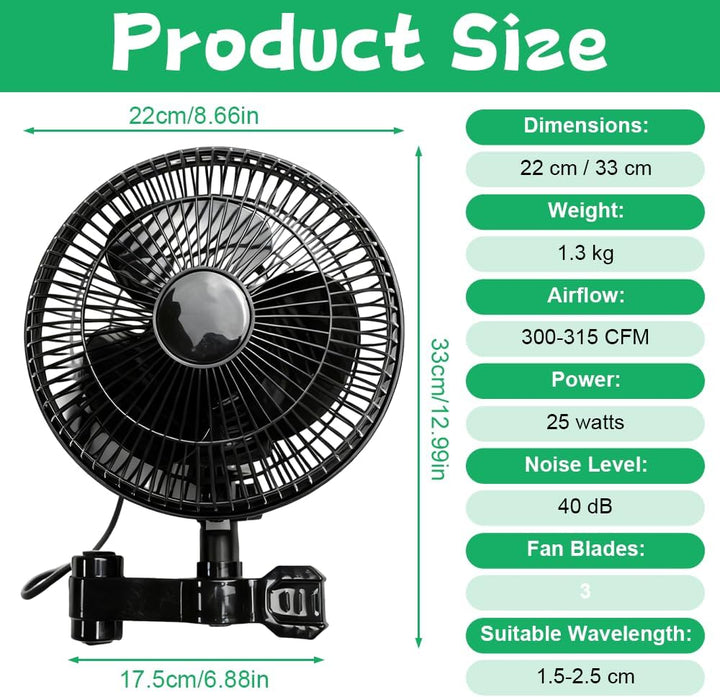 Grow Ventilator Oszillierend 25W, Clip Ventilator Oszillierend, 3 Geschwindigkeitsstufen, 22 cm Durc
