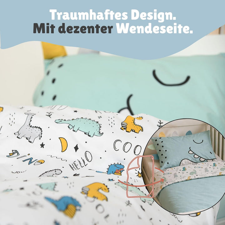 Familando Baby-Bettwäsche mit Ohren/Stacheln 100x135 40x60 cm · Dino Bettwäsche Hellblau für Kleinki
