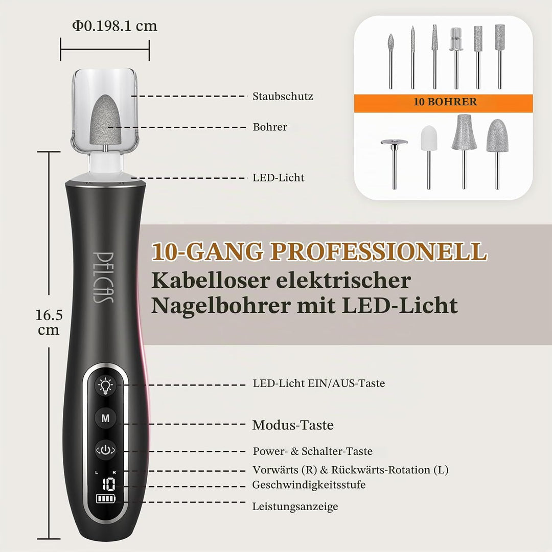 PELCAS Elektrische Nagelfräser 10 Geschwindigkeiten Schnurloser Nagelbohrer Professionell Nagelschle
