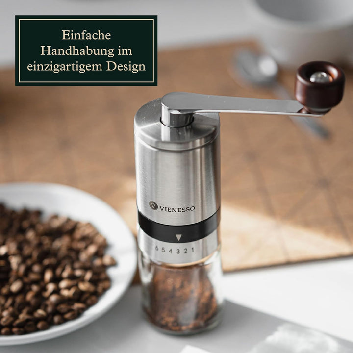 Kaffeemühle manuell aus Edelstahl - Handkaffeemühle mit Keramikmahlwerk & 6 Mahlstufen | kompakte Ka