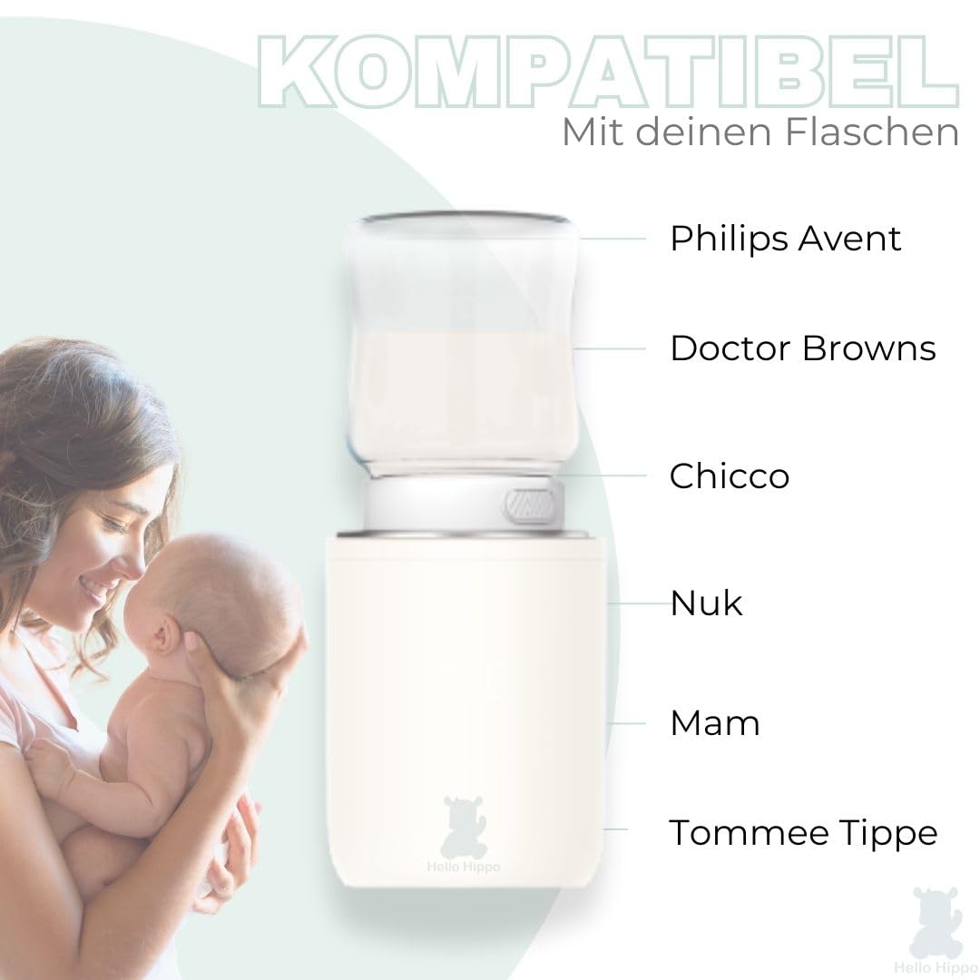 Hello Hippo - Mobiler Babyflaschenwärmer: USB-C Aufladbar, Anti-Auslauf, Kompatibel mit Philips Aven