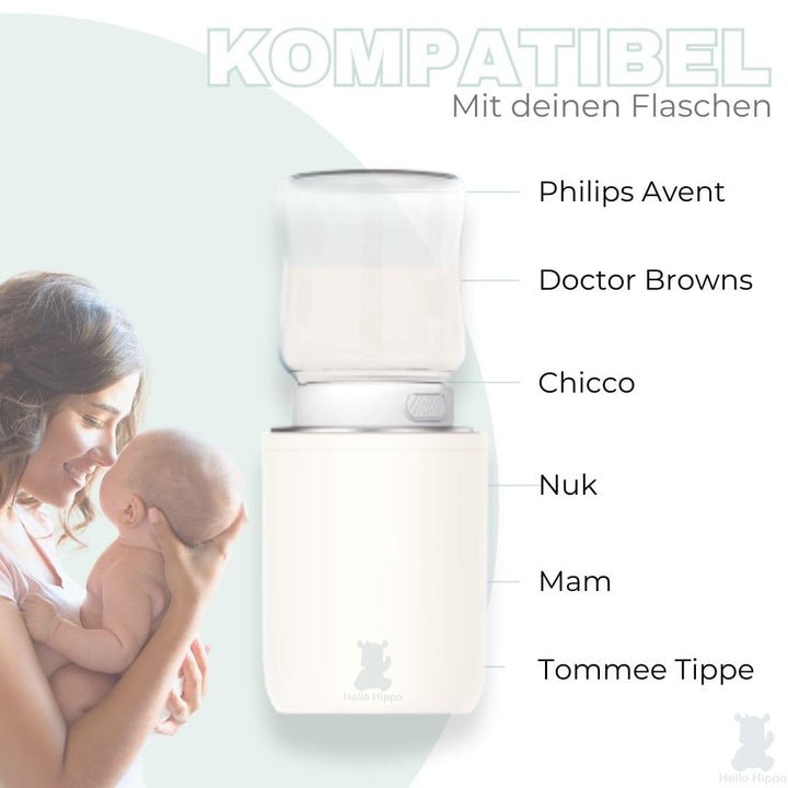 Hello Hippo - Mobiler Babyflaschenwärmer: USB-C Aufladbar, Anti-Auslauf, Kompatibel mit Philips Aven