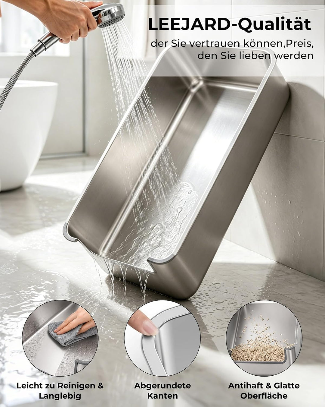 Katzenklo Edelstahl niedriger Einstieg, Katzentoilette mit hoher Rand 20CM. | 50x35cm Metall Katzent