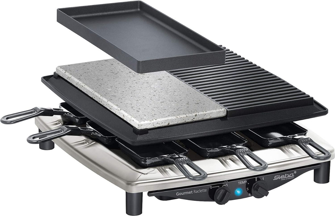 Steba Premium Raclette RC 4 Plus Deluxe Chrom | Made IN Germany | Antihaft-Druckguss-Grillplatte | N