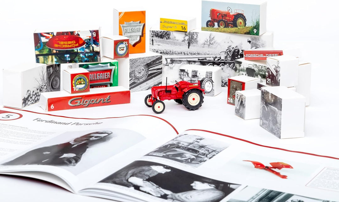 FRANZIS 67067 - Porsche Oldtimer-Traktor Adventskalender 2019, Modellbausatz im Massstab 1:43, inkl.