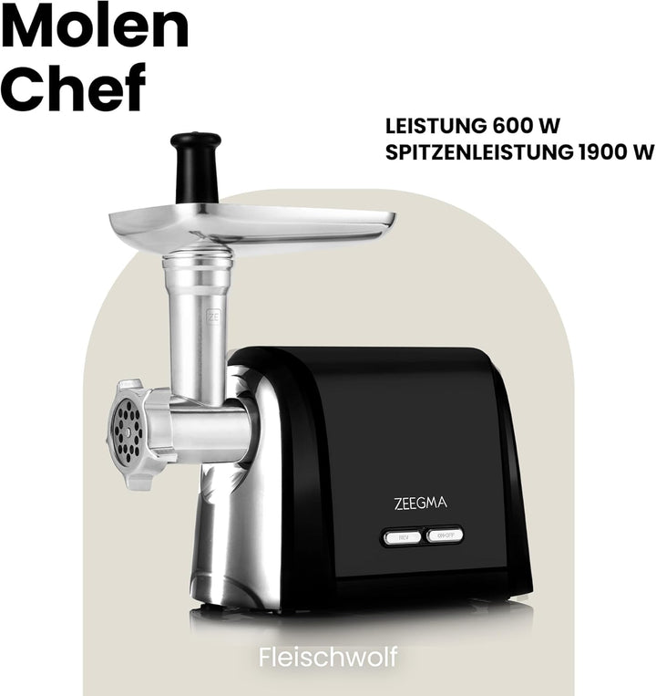 ZEEGMA Molen Chef Elektrischer Fleischwolf, 1900 W mit 3 Schleifplatten aus Edelstahl, 3 kg/min, Wur