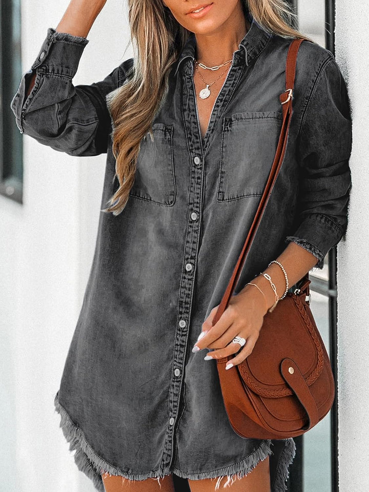 CUPSHE Damen Jeanshemd V-Ausschnitt Knopfleiste Brusttaschen Asymmetrisch Jeansbluse Hemdblusen Deni