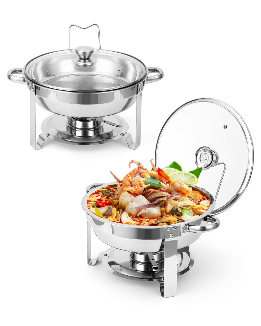 Set mit 4 runden Tellern aus Edelstahl 5L/6L – Deckel aus sichtbarem Glas – ideal für Partys, Hochze