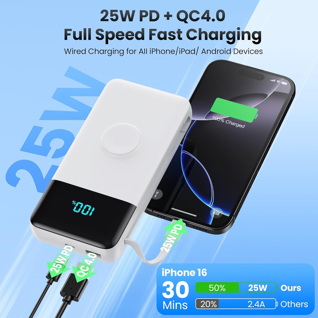 Power Bank 26800mAh USB C 25W PD, QC4.0 Powerbank Schnelles Aufladen mit 2 Kabel (Eingabe &amp; Ausgabe)