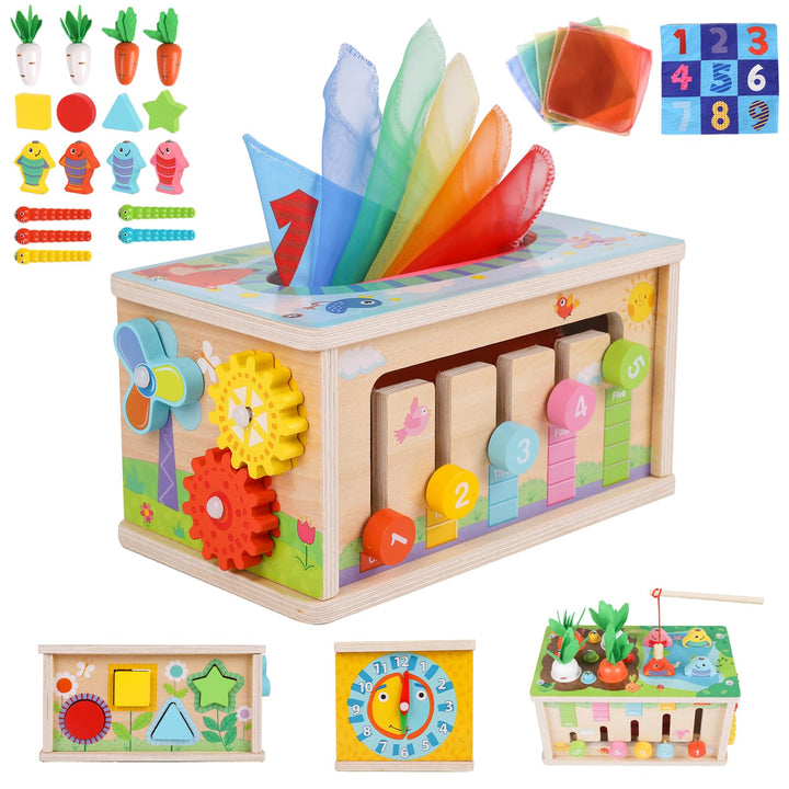 LZDMY Montessori Spielzeug Baby ab 6 Monate, 6-in-1 Tücherbox mit Knistertuch, Motorikwürfel Holzspi