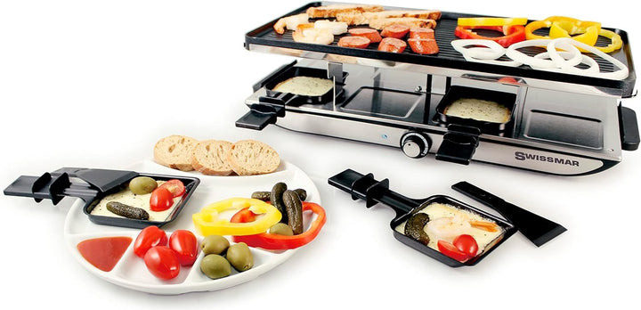 Swissmar Geneva Raclette 8 Personen, Raclette Grill mit Pfännchen und Schiebern, antihaftbeschichtet
