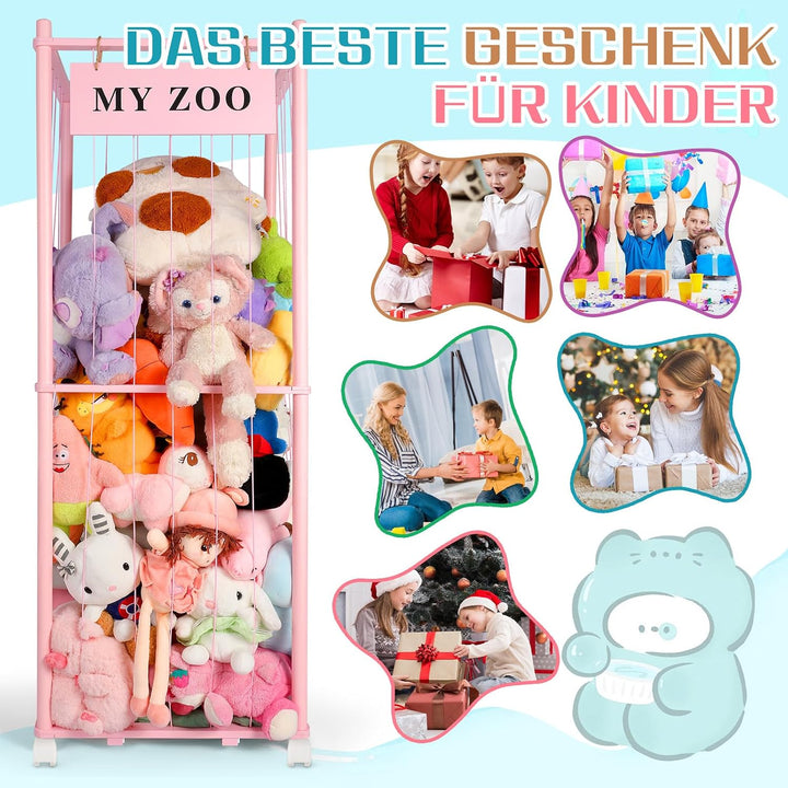 Massivholz Kuscheltier Aufbewahrung mit 360° Rollen &amp; Bremse – inkl. Baumwollnetz, Plüschtier Organi
