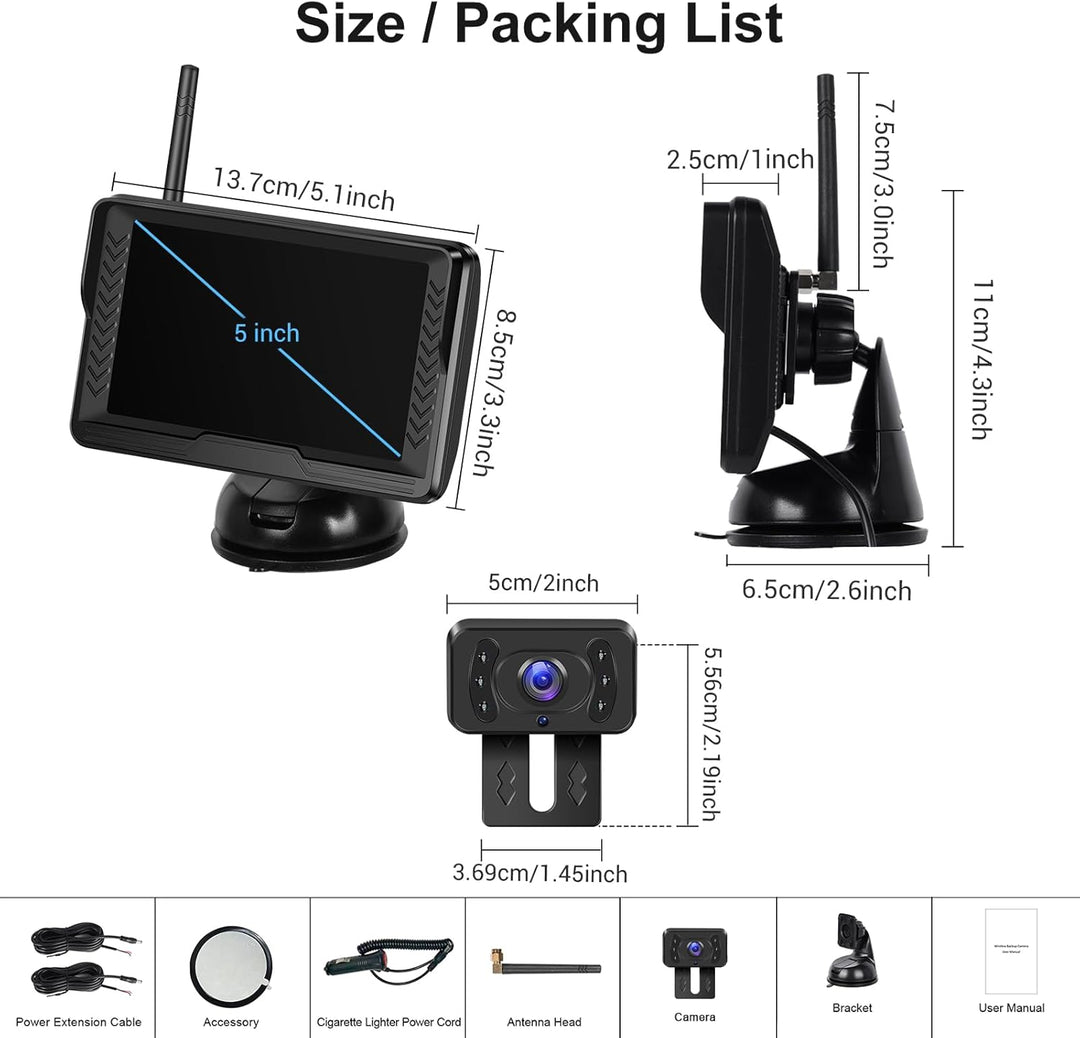 Hodozzy Digital Wireless Rückfahrkamera Set mit 5 Zoll IPS Bildschirm Monitor, AHD Reverse Camera Na