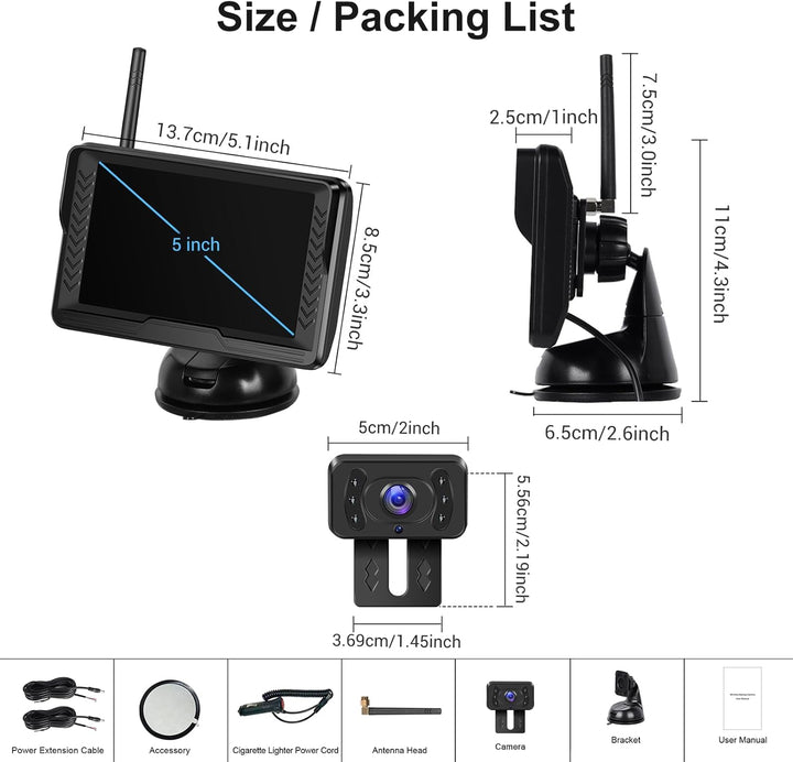 Hodozzy Digital Wireless Rückfahrkamera Set mit 5 Zoll IPS Bildschirm Monitor, AHD Reverse Camera Na