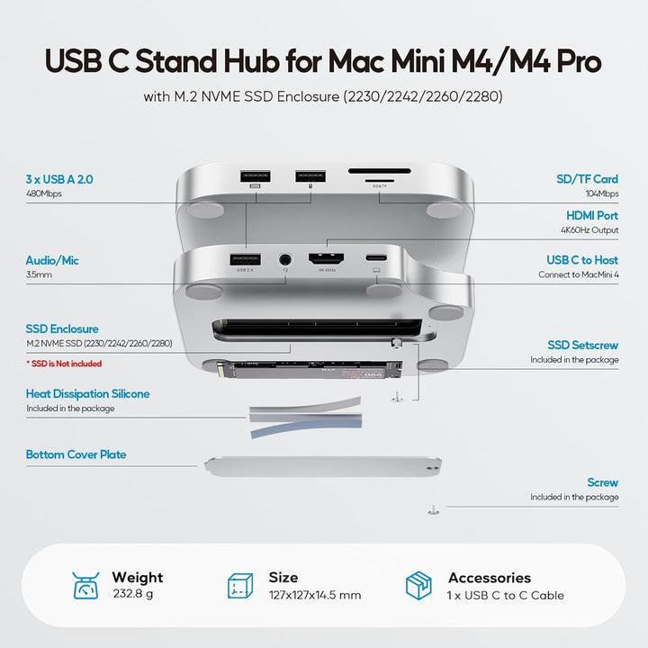 Mac mini M4 Dock mit 4TB SSD Enclosure (SSD Not Included),USB C Hub Zubehör für Mac mini 2024 M4 Pro