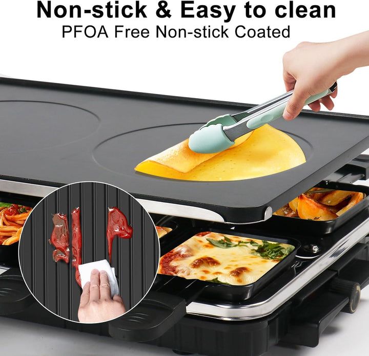 2-in-1 Raclette Grill 8 Personen Elektrisch Tischgrill Antihaftbeschichtet Wende-Grillplatte Elektro