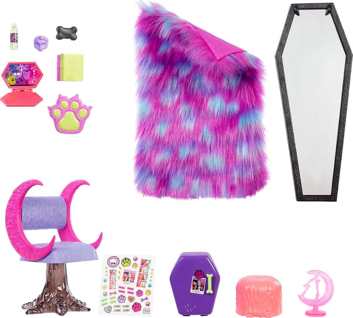 Monster HIGH Clawdeen Wolf - Schlafzimmer-Spielset mit Zubehör und Aufkleberbogen, Möbeln und Deko,