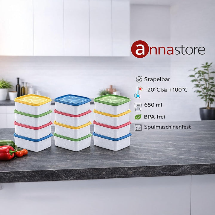 Annastore 12 x hochwertige Tiefkühldosen von -20°C bis + 100°C - Gefrierdosen - Luftdicht - Tiefkühl