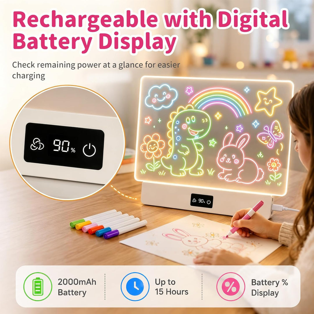 OUTON LED Zeichenbrett Kinder mit 8 Farben & 3 Lichtmodi, Wiederverwendbare Leuchttafel mit 7 Stifte