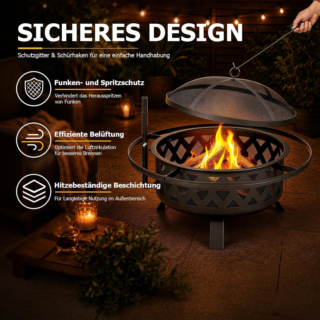 Aoxun Feuerschale mit Grill, 2-in-1 Feuerstelle Garten mit Funkenschutz und 360° Schwenkgrill, Outdo