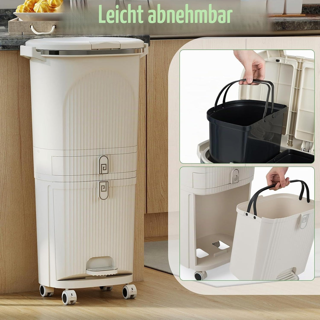 LIFEZEAL 38L / 42L Mülleimer auf Rädern, Abfalleimer mit 3 Fächern & Deckel, Tretmülleimer mit Griff