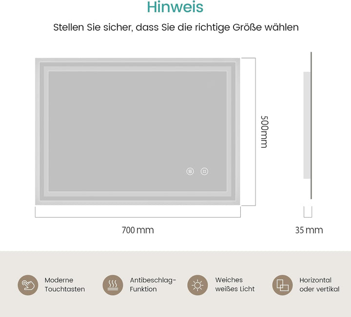 EMKE Badspiegel mit Beleuchtung 70x50cm, Badezimmerspiegel mit Touch, Antibeschlag, Kaltweiss Licht