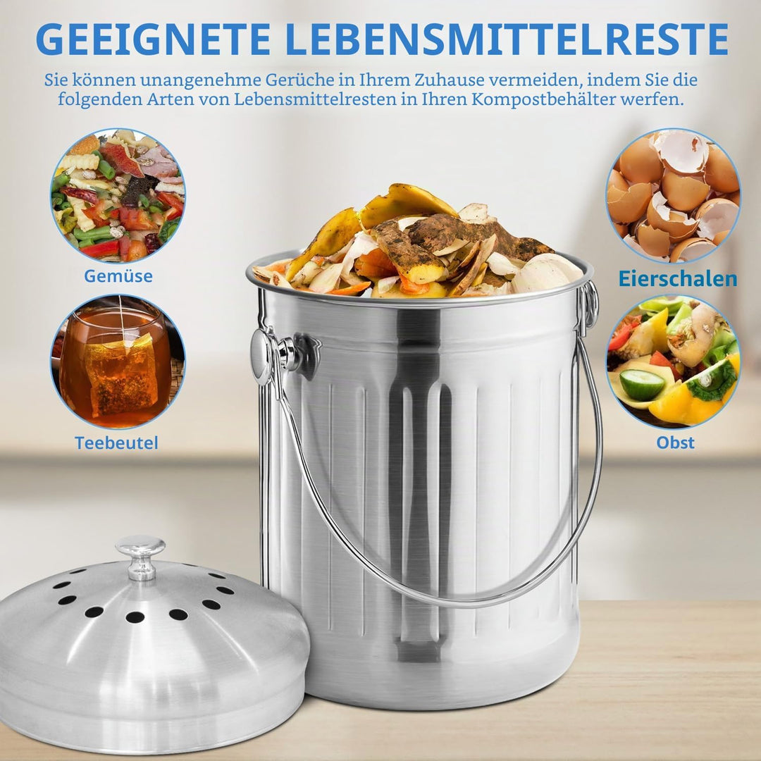 ENLOY Komposteimer für die Küchenarbeitsplatte, 1,3 Gallonen Edelstahl-Komposteimer für den Innenber
