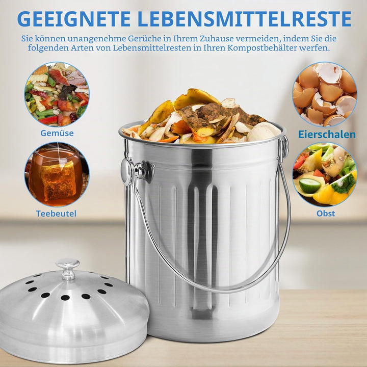 ENLOY Komposteimer für die Küchenarbeitsplatte, 1,3 Gallonen Edelstahl-Komposteimer für den Innenber