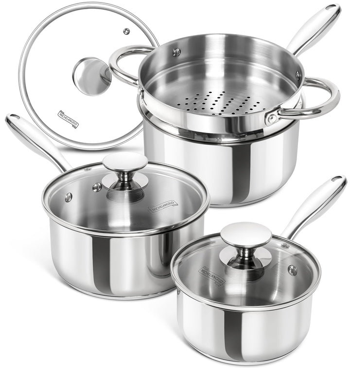 MICHELANGELO Kochtöpfe mit Deckel und Dampfgarer, 7-teilig, Edelstahl-Topf-Set mit dreifachem Boden,