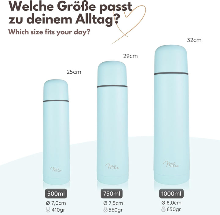 Milu Thermosflasche Thermoskanne Isolierflasche 1L, 750ml, 500ml - Isolierte Edelstahl Trinkflasche,
